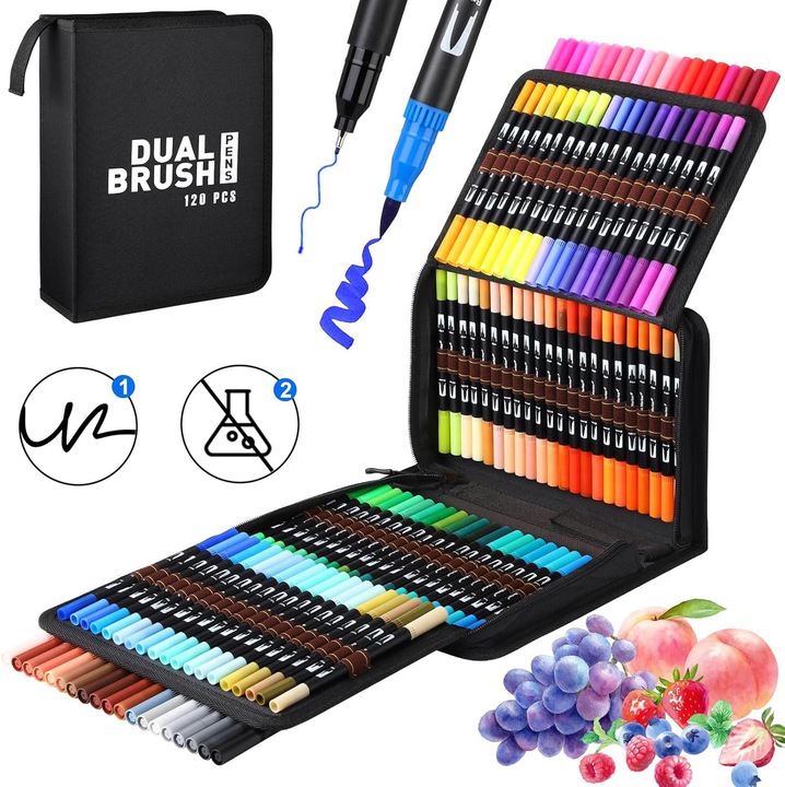 120 De Pixuri De Colorat Cu Varf Dublu, Pixuri Cu Varf De Pasla Pentru Adulti, Copii, Marker Cu Pensula Cu Varf Dublu Pentru Desen, Schita, Carti De Colorat Pentru Adulti, Bullet Journal, Caligrafie