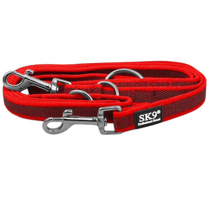 Lesă reglabilă SK9 Light, roșu, 20mm, 2, 2m, 2 carabiniere inox, 3 inele inox, pentru 1-2 câini