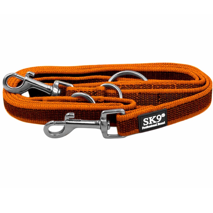 Lesă reglabilă SK9 Light multipunct 20 mm, portocalie, 2, 2 m cu 2 carabiniere inox și 3 inele inox