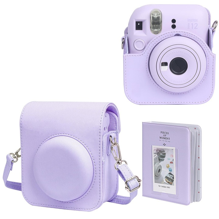 Geanta pentru aparat foto/album foto, Garsonal®, Set 2in1, Pentru Fujifilm Instax Mini 12, Cu cureaua ajustabila detasabila, PU, Mov