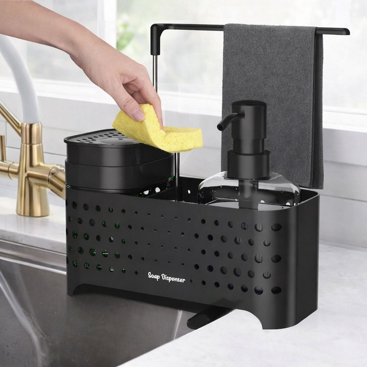 Suport Organizare Chiuveta Welora, Dozator Detergent, Negru, 23x10x24.5 cm
