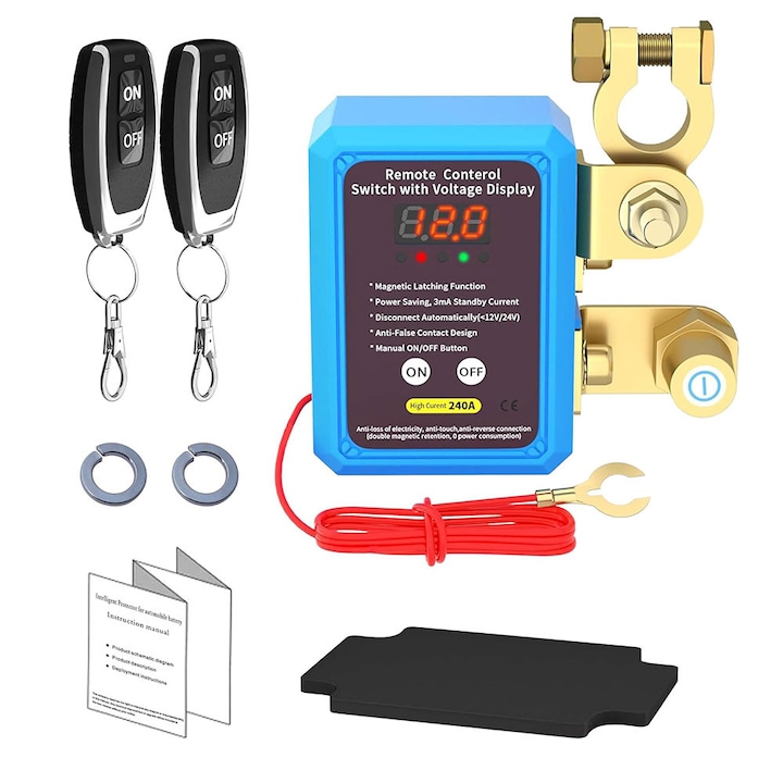 Intrerupator automat deconectare baterie, Garsonal®, 240A, 12V, LED, 2 telecomenzi, protectie impotriva descarcarii, set complet de accesorii, albastru