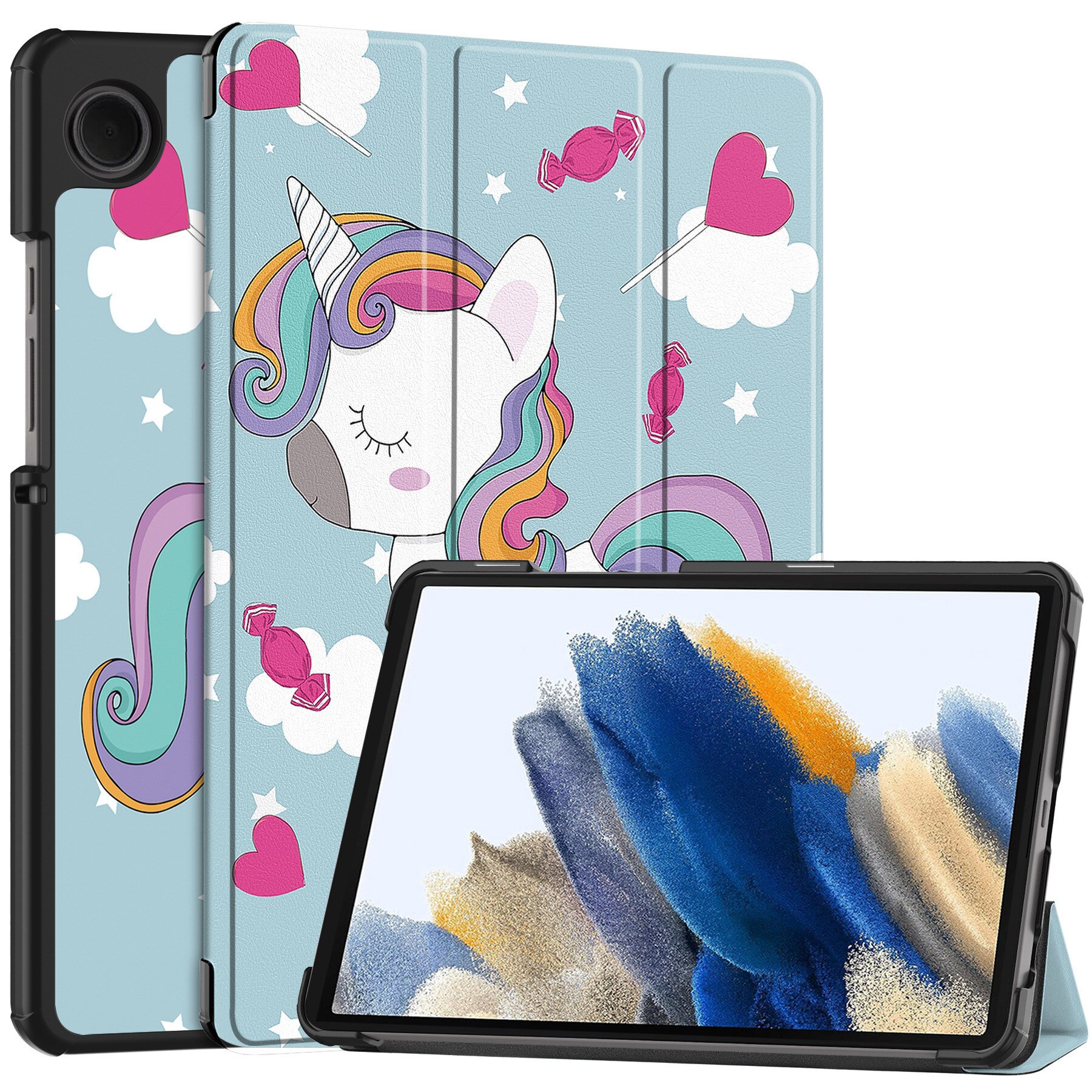 Husa de protectie trifold pentru Samsung Galaxy Tab A11 Plus / A9 Plus 11”, functie Auto Sleep/Wake, usoara, Unicorn