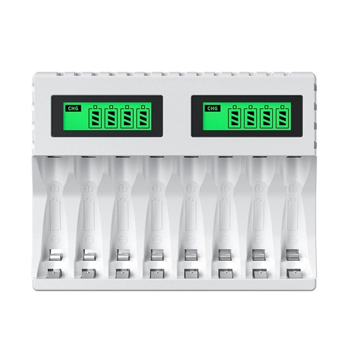 Incarcator pentru 8 acumulatori, Garsonal®, Display inteligent LCD, Type-C, incarcare rapida, potrivit pentru baterii AA/AAA, 1.5V litiu, 1.2V Ni-MH/Ni-Cd, Alb