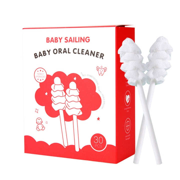 Set 30buc periute de dinti pentru Bebelusi, Garsonal®, Unica folosinta, pentru curatare limba, gingii si dinti sugari si copii, Ambalare individuala in vid, Alb