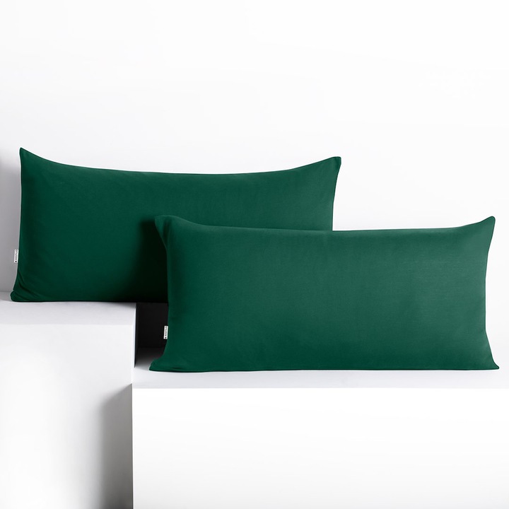 Set 2 huse perne decorative din bumbac cu fermoar, Amber, 135 g/m2, 40x80 cm, Verde