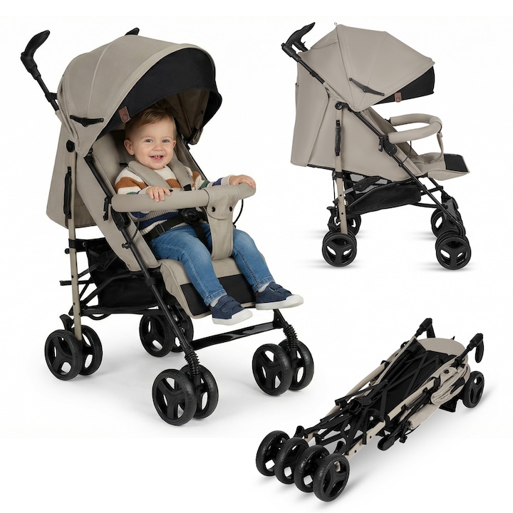 Carucior sport compact, Lionelo, Irma, Spatar reglabil in 4 pozitii, Suport picioare reglabil, Manere rotative, Pliere tip umbrela, 6- 36 luni, Pana la 15 kg, Conform cu EN1888-1:2018, Bej