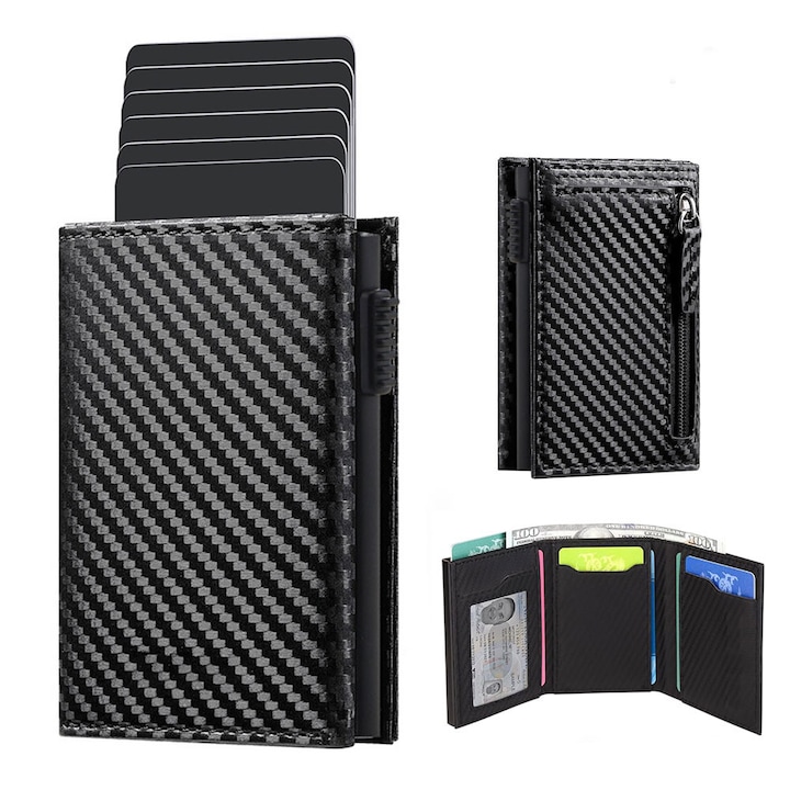 Portofel barbati, Garsonal, All Season, 10 sloturi, Negru, 12.5x9.5x2.5cm, Piele ecologica