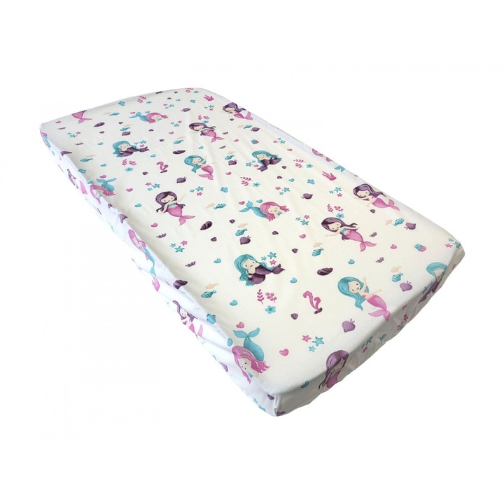 Cearsaf pentru pat copii Nichiduta Mermaids 120x60 cm din bumbac cu banda elastica roata