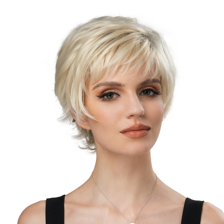 Peruca scurta par sintetic Omelivon®, Blond plaja,22 cm, Tunsoare pixie cu breton pentru femei, usor de intretinut, pentru uz zilnic, set 1 peruca + retea pentru par + 2 agrafe