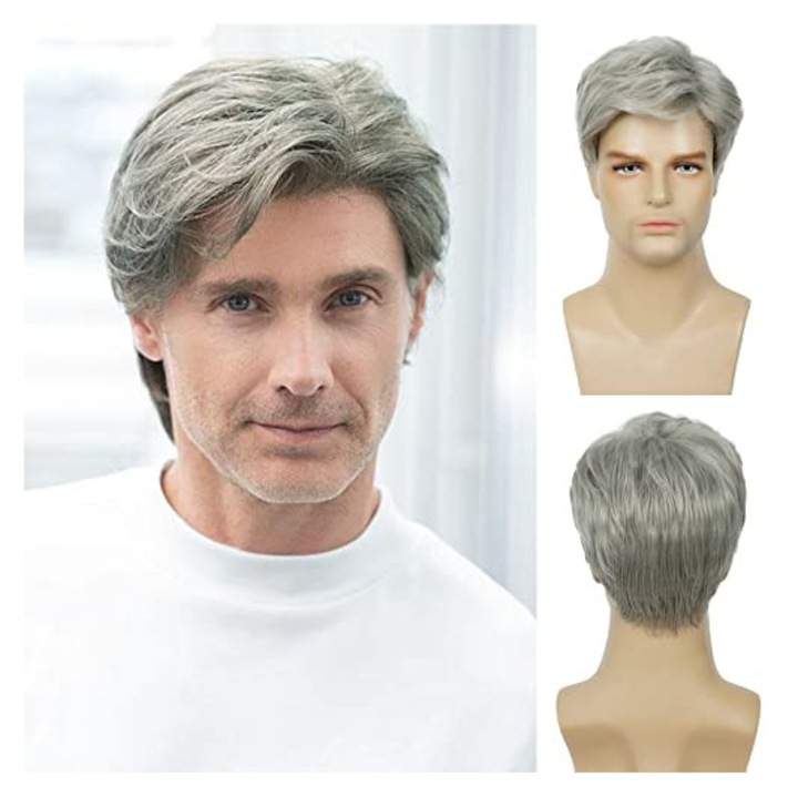 Peruca barbati Scurta Omelivon, Gri,22cm, Fibre sintetice, pentru purtare zilnica si acoperirea pierderii parului