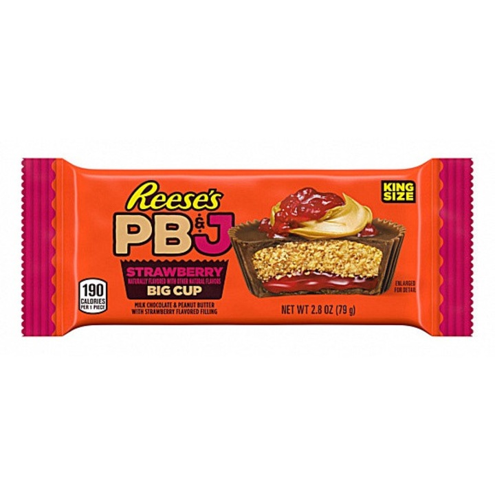 Reese's Big Cup PB&J Strawberry 79 g, ciocolată cu lapte, umplutură de unt de arahide și jeleu de căpșuni