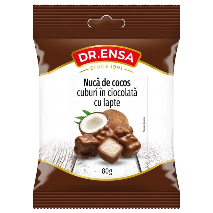 Nuca de cocos cuburi in ciocolata cu lapte 80g Dr. Ensa