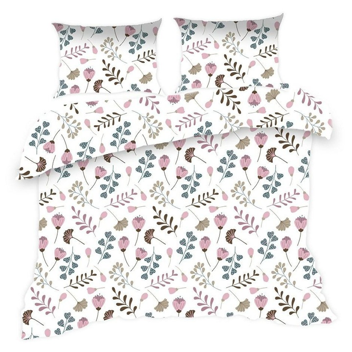 Lenjerie de pat, 160x200 cm, bumbac, alb cu flori roz, set 3 piese