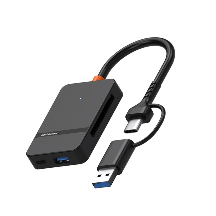 Cititor De Card Cu Adaptor 8 In 1, asskanaer, Adaptor pentru laptop, 4 sloturi, Type-C/USB 3.0, 1*CF slot, 1*SD, 1*TF, 1*MS, Transfer de date rapid, Suporta pana la 2T, 5Gpbs, Portabil, Conectare simpla, ABS, 0.2m, Negru