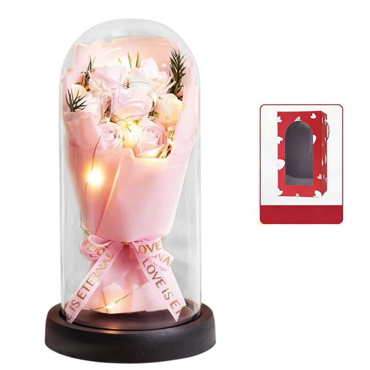 Set 7 trandafiri, asskanaer, Set de trandafiri eterni in sticla, Cu lumini led si elegant in dome de acril, Abajur, Baza stabila din plastic abs, Decorativ, Usor de curatat, Pentru mama, sotie, fata, cadou aniversar, Plastic, 21*11.5cm, Roz