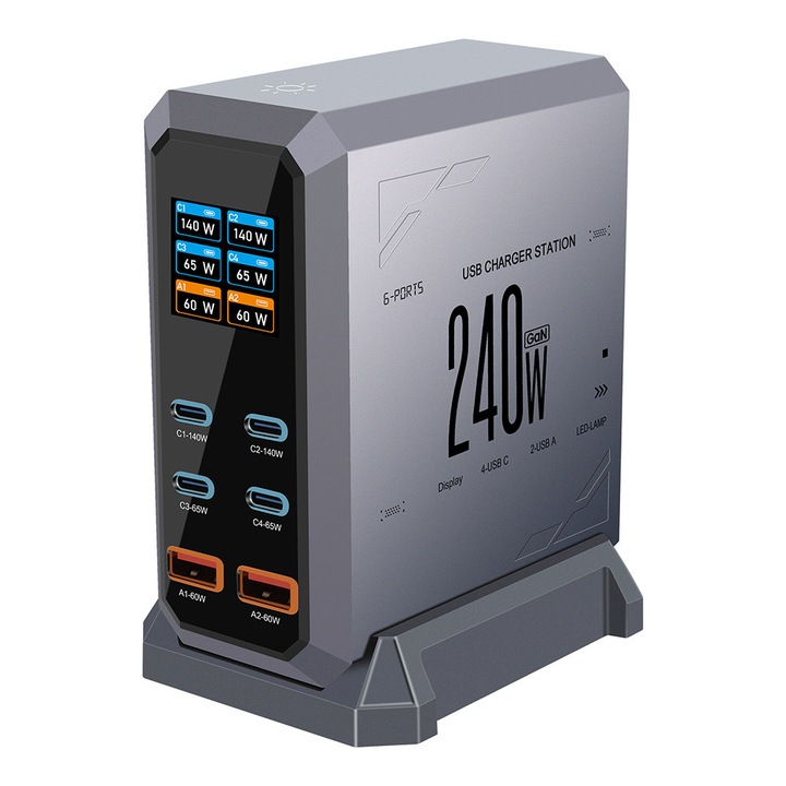 Мултипортова станция за зареждане 240W, GaN технология, 6 USB порта (включително USB-C PD 140W), динамичен мониторен екран, едновременно бързо зареждане за телефон, лаптоп, таблет, слушалки, компактен дизайн за офис и дом, черен