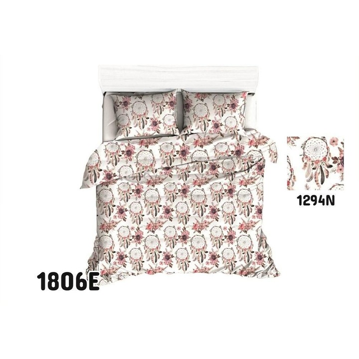 Lenjerie de pat, 180x200cm, alb-roz, 100% bumbac, set 3 piese