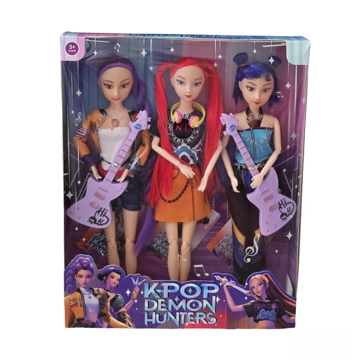 Set Papusi K-POP Demon Hunters Girls, 3 piese, PVC, Multicolor, Diverse Instrumente Muzicale, Virtual Trend®