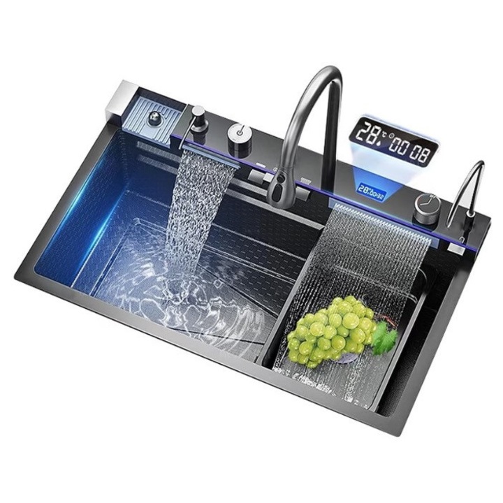 Többfunkciós grafitfekete konyhai mosogató 2 vízesés csapteleppel, digitális hőmérséklet kijelzővel 750x450