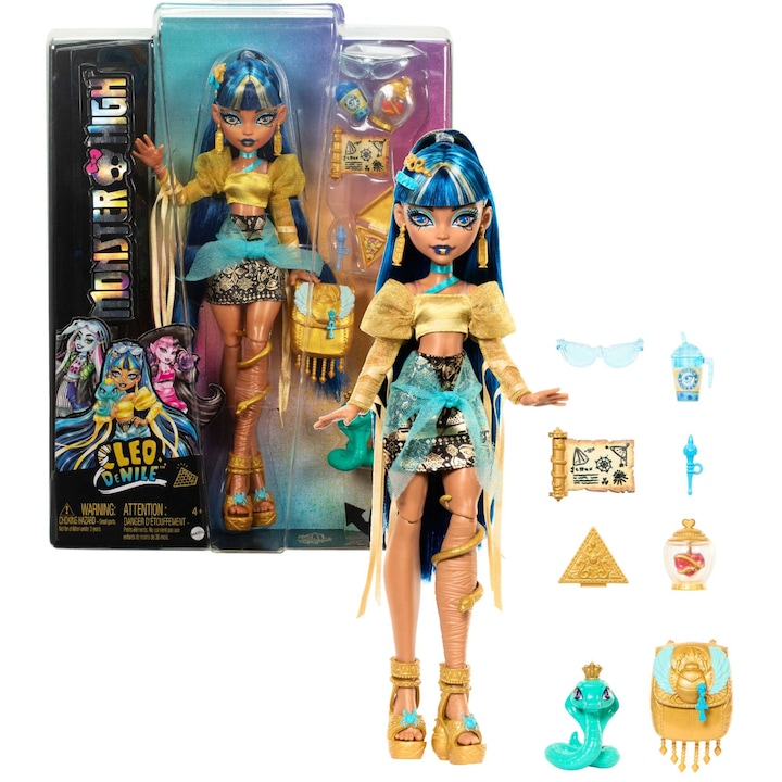 Комплект колекционерска кукла, Mattel, Клео де Нил, пластмасов материал, подвижни дрехи, модни аксесоари, без батерии, 30.5 x 10.5 x 30 см, брюнетка