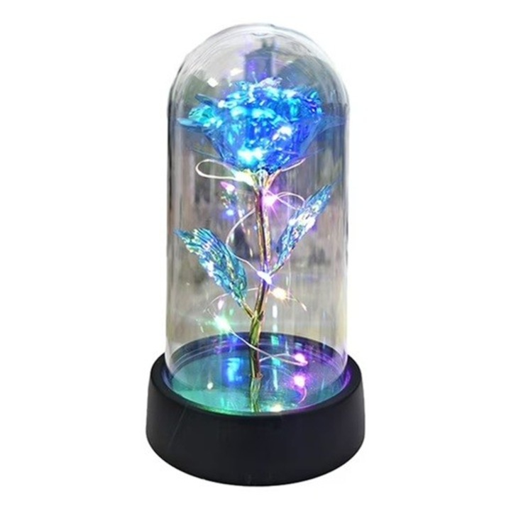 Trandafir decorativ Flippy cu cupolă acrilică, lumina LED multicoloră, 8.5x15cm, Albastru