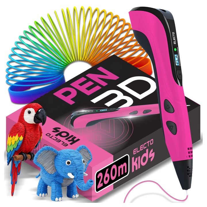 3D toll PRO gyerekeknek, teljes kreatív készlet 260 m PLA és ABS filamenttel, 3D nyomtató toll típusú, LCD kijelző, sebességszabályozás, kerámia fúvóka, rózsaszín