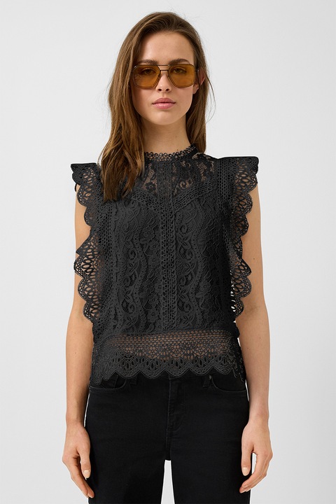 QS, Дантелен топ с бродерия и вълнообразни краища, Избеляло черно
