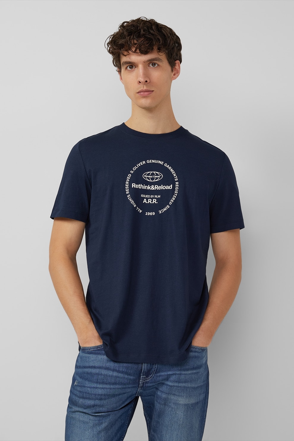 s.Oliver, Tricou de bumbac cu text, Albastru inchis, L