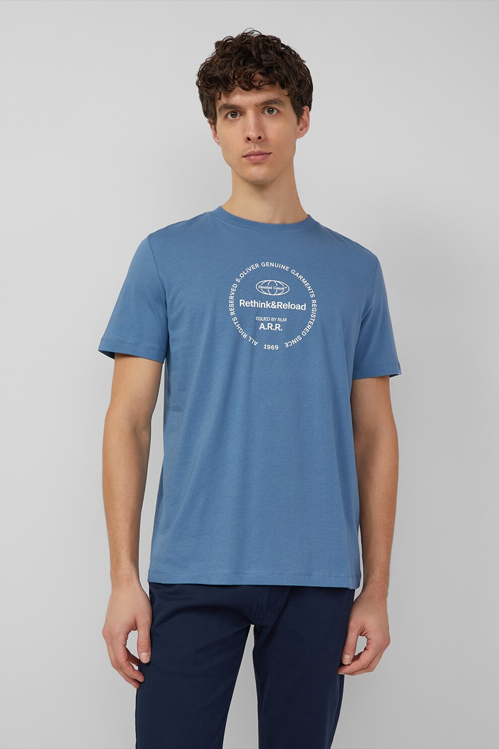 s.Oliver, Tricou de bumbac cu text, Albastru inchis, Alb optic, L