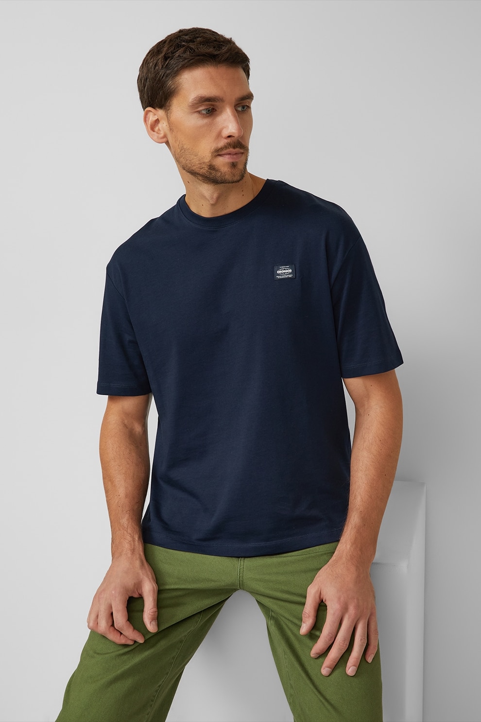 s.Oliver, Tricou de bumbac cu decolteu la baza gatului, Alb optic, Bleumarin, M