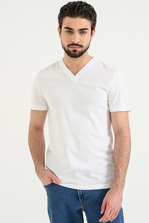 s.Oliver, Tricou de bumbac cu decolteu in V, Alb