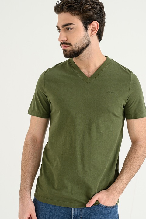 s.Oliver, Tricou de bumbac cu decolteu in V, Verde