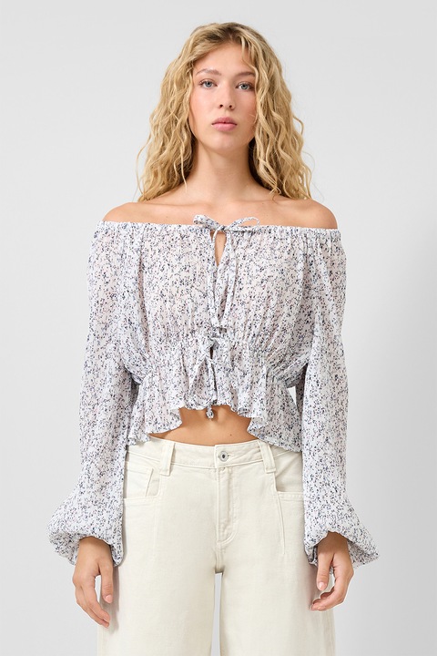 QS, Bluza cu volane, decolteu pe umeri si prinderi cu snururi, Alb/Bleumarin