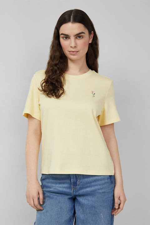 s.Oliver, Памучна тениска с флорална бродерия, Жълт