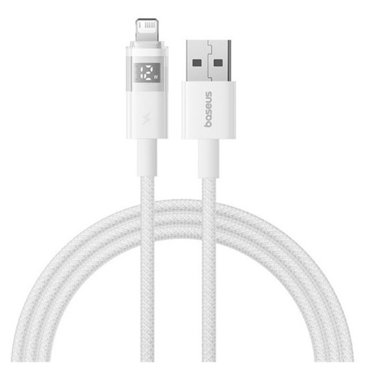 Baseus display ii adatkábel, usb - lightning, 2.4a, gyorstöltő, cipőfűző, led kijelző, 100cm, fehér, kompatibilis: Apple iPhone 13 Pro Max / iPhone 14 Pro Max / iPhone 12