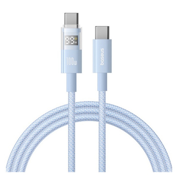 Baseus display ii adatkábel, type-c - type-c, 100w, gyorstöltő, cipőfűző, led kijelző, 100cm, világoskék