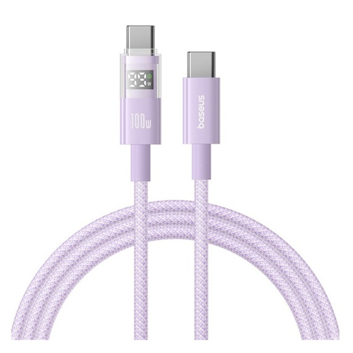 Baseus display ii adatkábel, type-c - type-c, 100w, gyorstöltő, cipőfűző, led kijelző, 100cm, lila