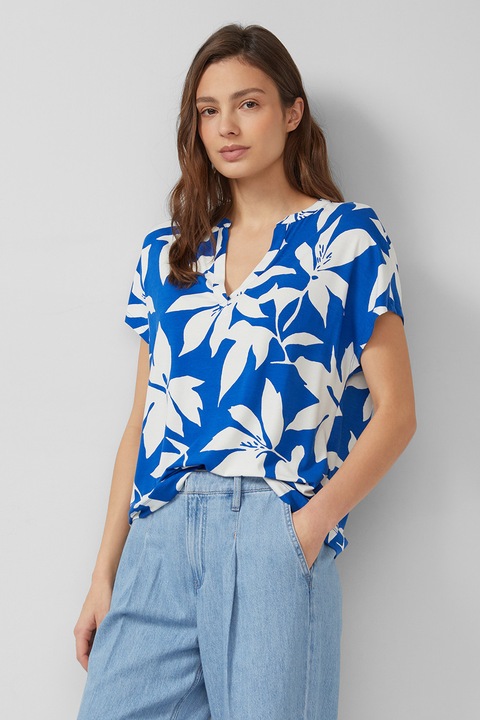 s.Oliver, Bluza cu decolteu in V si model, Alb, Albastru royal, 40