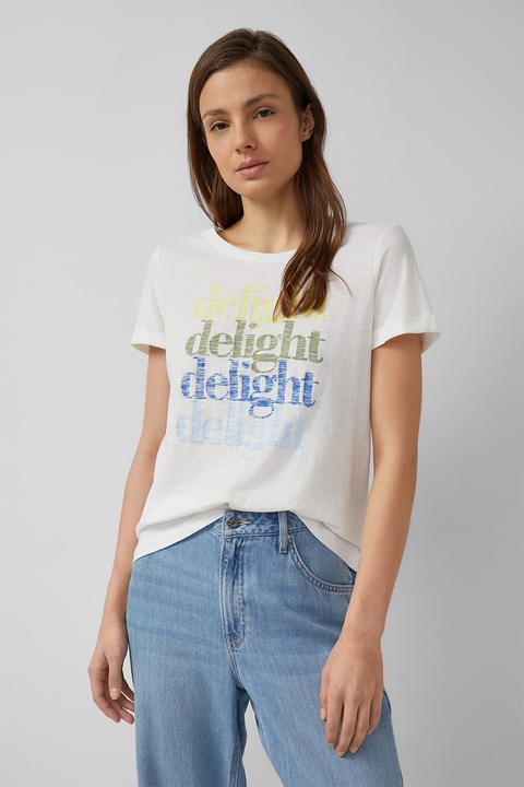 s.Oliver, Tricou din bumbac cu imprimeu text, Alb