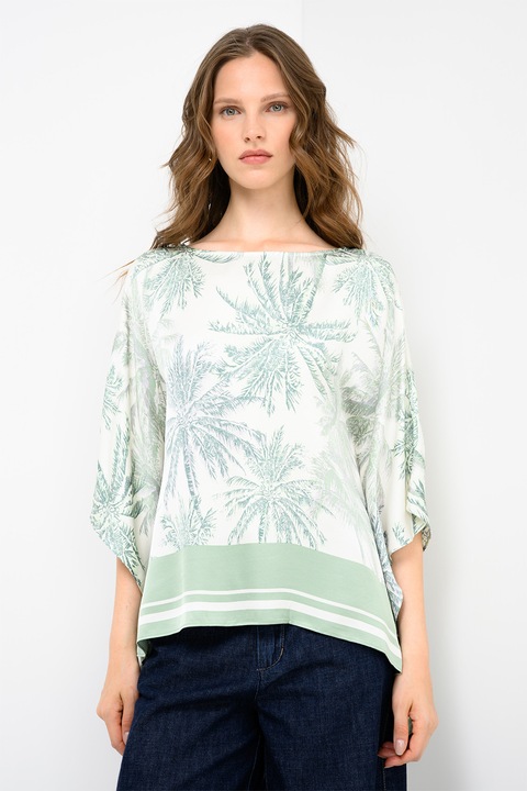 s.Oliver, Bluza cu aspect de satin, maneci evazate si model, Verde/Bej