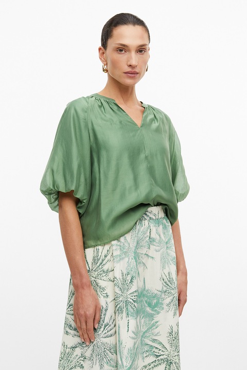 s.Oliver, Bluza din amestec de lyocell si aspect de satin cu maneci bufante, Verde, 36