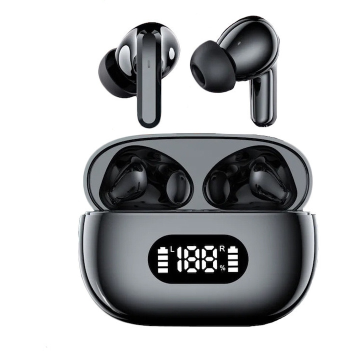 Casti audio in-ear wireless cu izolare a zgomotului TWS, bluetooth F05, afisaj digital, microfon incorporat, autonomie pana la 20h, culoare negru