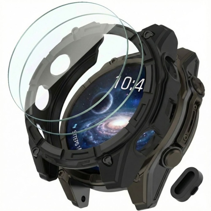 Set pentru Garmin Fenix 8 51mm, Husa TPU Neagra + 2x Sticla Securizata + Protectie de praf