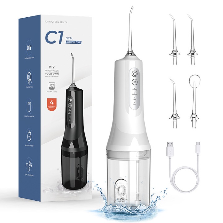 Irigator Bucal tip Dus Bucal Portabil, Ultrixe, 4 Duze, 1600-1800 pulsatii/min, presiune de la 20 la 140 PSI, Rezervor 260ml, 4 Programe, IPX6, Reincarcabila Baterie 2000mAh, Alb