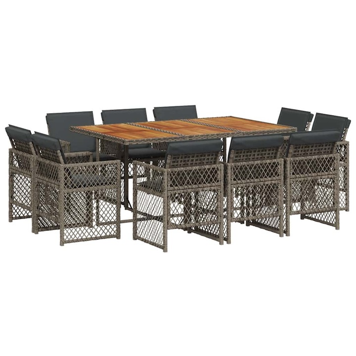 Градински комплект с възглавници 11 части vidaXL, сив полиратан