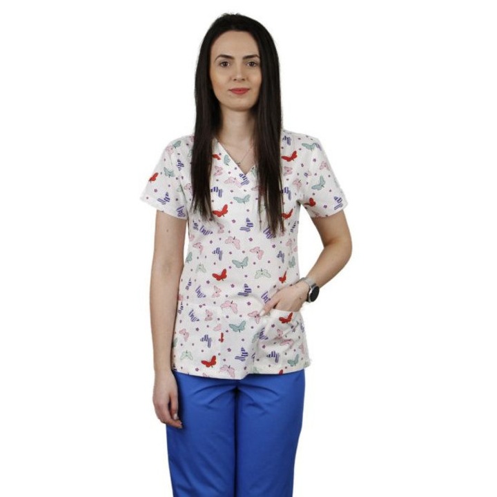 Bluza dama CLARA, XS, Imprimeu fluturi si flori - Uniforma Medicala