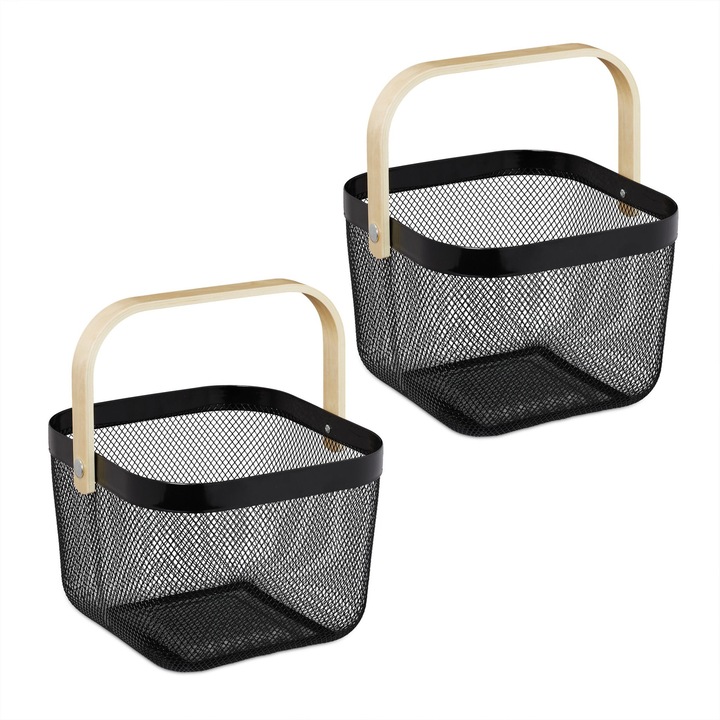 Set 2 cosuri pentru depozitare Relaxdays, Cu maner, 26 x 24.5 x 17.5 cm, Metal, Negru