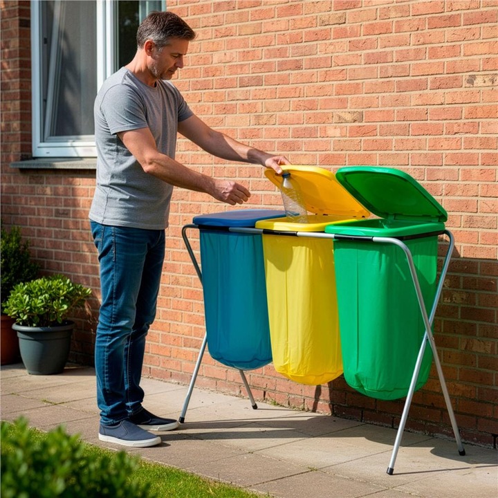 Cos de gunoi selectiv cu 3 compartimente, cadru metalic si capace PP, 98x42x74 cm