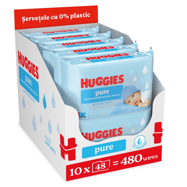Servetele umede Huggies Big Pack Pure, Zero Plastic, 10 pachete x 48, 480 buc